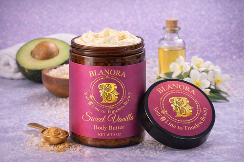 Blanora Sweet Vanilla Body Butter jar with lid on a purple background